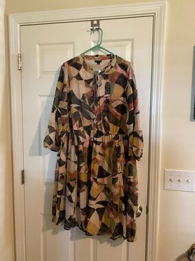 torrid Abstract Print Tie-Neck Dress in Blush, Mustard & Olive